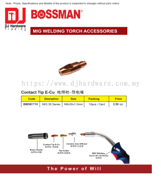 BOSSMAN MIG WELDING TORCH ACCESSORIES CONTACT TIP E-CU MIG 36 SERIES M8 X 30 X 1MM BM36CT10 (CL)