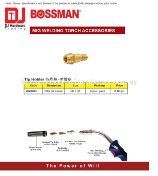 BOSSMAN MIG WELDING TORCH ACCESSORIES TIP HOLDER MIG 36 SERIES M8 X 28 BM36TH (CL)