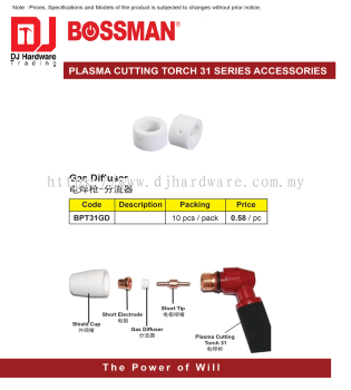 BOSSMAN PLASMA CUTTING TORCH 31 SERIES ACCESSORIES GAS DIFFUSER BPT31GD (CL)