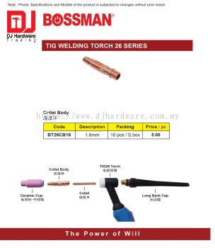 BOSSMAN TIG WELDING TORCH 26 SERIES COLLET BODY 1.6MM BT26CB16 (CL)