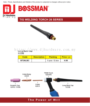 BOSSMAN TIG WELDING TORCH 26 SERIES LONG BACK CAP BT26LBC (CL)