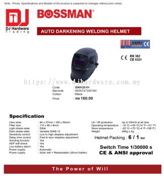 BOSSMAN AUTO DARKENING WELDING HELMET BWH201H BLACK 9555747345194 (CL)