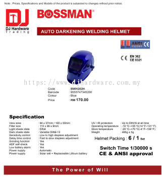 BOSSMAN AUTO DARKENING WELDING HELMET BWH202H BLUE 9555747345200 (CL)