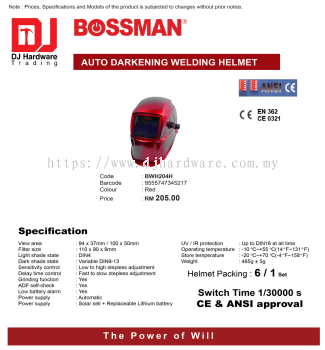 BOSSMAN AUTO DARKENING WELDING HELMET BWH204H RED 9555747345217 (CL)