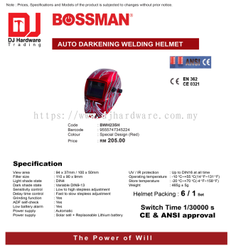 BOSSMAN AUTO DARKENING WELDING HELMET BWH235H SPECIAL DESIGN RED 9555747345224 (CL)