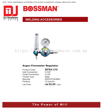 BOSSMAN WELDING ACCESSORIES ARGON FLOWMETER REGULATOR MALE BFRA210 9555747343862 (CL)