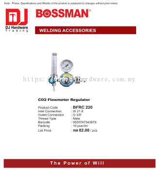 BOSSMAN WELDING ACCESSORIES CO2 FLOWMETER REGULATOR MALE BFRC220 9555747343879 (CL)