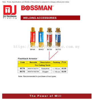 BOSSMAN WELDING ACCESSORIES FLASHBACK ARRESTOR FOR CUTTING TORCH ACETYLENE BCTA 9555747352741 (CL)