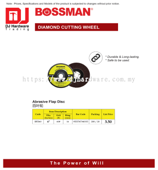 BOSSMAN DIAMOND CUTTING WHEEL ABRASIVE FLAP DISC BFD60 4'' X 16MM 9555747340335 (CL)