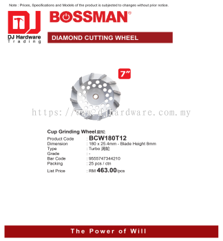 BOSSMAN DIAMOND CUTTING WHEEL CUP GRINDING WHEEL BCW180T12 8MM 9555747344210 (CL)