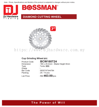 BOSSMAN DIAMOND CUTTING WHEEL CUP GRINDING WHEEL BCW180T24 8MM 9555747344784 (CL)