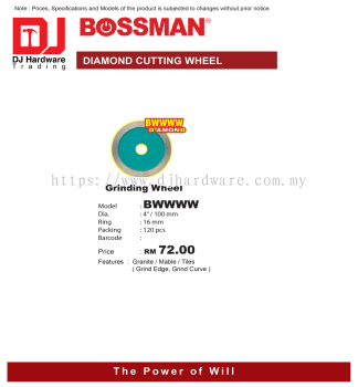 BOSSMAN DIAMOND CUTTING WHEEL GRINDING WHEEL BWWWW 100MM X 16MM(CL)