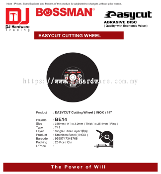 BOSSMAN EASTCUT CUTTING WHEEL INOX STAINLESS STEEL 14'' X 3.0MM X 25.4MM BE14 T41 9555747348768 (CL)