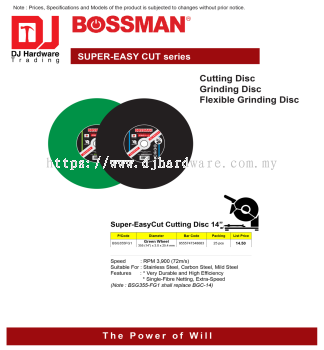 BOSSMAN SUPER EASY CUT SERIES SUPER EASYCUT CUTTING DISC BSG355FG1 GREEN WHEEL 14'' X 3.0MM X 25.4MM 9555747348683 (CL)