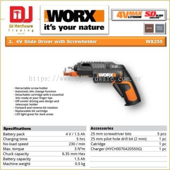 WORX 4V SLIDE DRIVER WITH SCREWHOLDER WX255