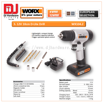 WORX 12V 10MM D-LITE DRILL WX104.2