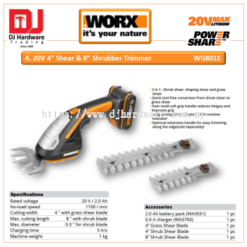 WORX 20V 4'' SHEAR & SHRUBBER TRIMMER WG801E