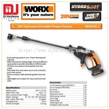 WORX 20V HYDROSHOT PORTABLE POWER CLEANER WG629E.1