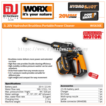 WORX 20V HYDROSHOT BRUSHLESS PORTABLE POWER CLEANER WG630E