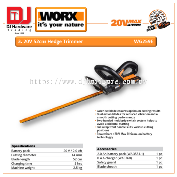 WORX 20V 52CM HEDGE TRIMMER WG259E (WO)