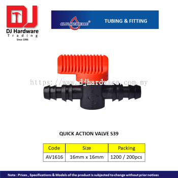 CL WATERWARE TUBING & FITTING QUICK ACTION VALVE S39 AV1616 (CL)