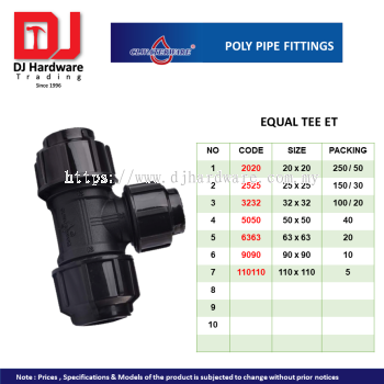 CL WATERWARE  POLY PIPE FITTINGS EQUAL TEE ET (CL)