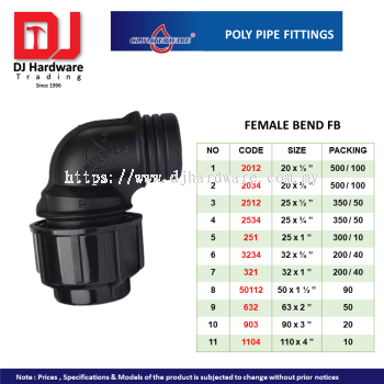 CL WATERWARE  POLY PIPE FITTINGS FEMALE BEND FB (CL)