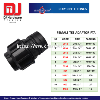 CL WATERWARE  POLY PIPE FITTINGS FEMALE TEE ADAPTOR FTA (CL)