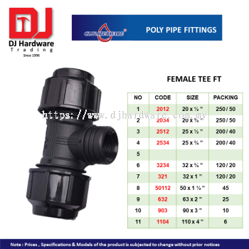 CL WATERWARE  POLY PIPE FITTINGS FEMALE TEE FT (CL)