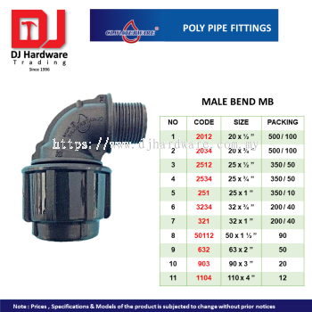 CL WATERWARE  POLY PIPE FITTINGS MALE BEND MB (CL)