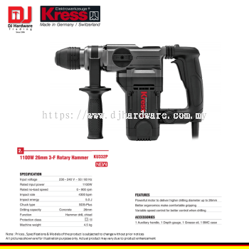 KRESS ELEKTROWERKZEUGE GERMANY 3F ROTARY HAMMER 1100W 26MM KU332P