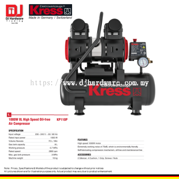 KRESS ELEKTROWERKZEUGE GERMANY HIGH SPEED OIL FREE AIR COMPRESSOR 1000W 8L KP110P