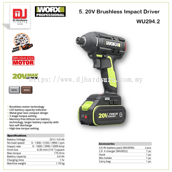 WORX 20V BRUSHLESS IMPACT DRIVER WU294.2 (WO)