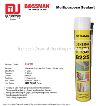 BOSSMAN MULTIPURPOSE SEALANT GENERAL PURPOSE PU FOAM STRAW TYPE B22S (CL)