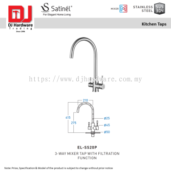 SATINEL FOR ELEGANT HOME LIVING STAINLESS STEEL SUS 304 MIXER KITCHEN TAPS 3 WAY MIXER TAP WITH FILTRATION FUNCTION EL SS20P (OEL)