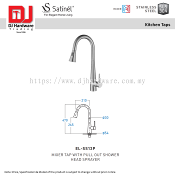 SATINEL FOR ELEGANT HOME LIVING STAINLESS STEEL SUS 304 MIXER KITCHEN TAPS MIXER TAP WITH PULL OUT SHOWER HEAD SPRAYER EL SS13P (OEL)