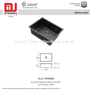 SATINEL FOR ELEGANT HOME LIVING STAINLESS STEEL STAINLESS STEEL SUS 304 KITCHEN SINKS BLACK NANO SINGLE BOWL KITCHEN SINK ELS 1900SNB (OEL)