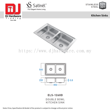 SATINEL FOR ELEGANT HOME LIVING STAINLESS STEEL STAINLESS STEEL SUS 304 KITCHEN SINKS DOUBLE BOWL KITCHEN SINK ELS 1260D (OEL)