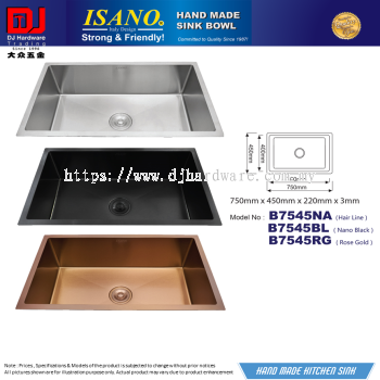 ISANO HAND MADE SINK BOWL 750MM X 450MM X 220MM X 3MM HAIR LINE NANO BLACK ROSE GOLD B7545NA BL RG (CL)