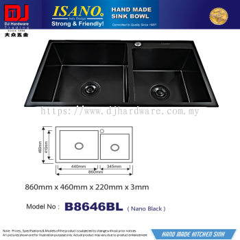 ISANO HAND MADE SINK BOWL 860MM X 460MM X 220MM X 3MM NANO BLACK B8646BL (CL)