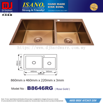 ISANO HAND MADE SINK BOWL 860MM X 460MM X 220MM X 3MM ROSE GOLD B8646RG (CL)