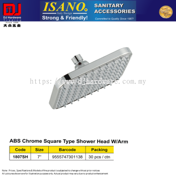 ISANO SANITARY ACCESSORIES SHOWER HEAD ABS CHROME SHOWER HEAD WITH ARM SQUARE 7'' 1807SH (CL)