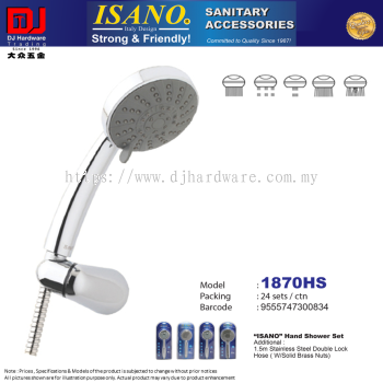 ISANO SANITARY ACCESSORIES SHOWER HEAD SET 1.5M STAINLESS STEEL DOUBLE LOCK HOSE WITH SOLID BRASS NUTS 1870HS (CL)