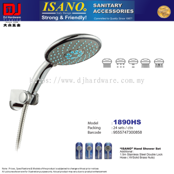 ISANO SANITARY ACCESSORIES SHOWER HEAD SET 1.5M STAINLESS STEEL DOUBLE LOCK HOSE WITH SOLID BRASS NUTS 1890HS (CL)