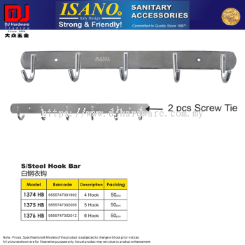 ISANO SANITARY ACCESSORIES STAINLESS STEEL HOOK BAR 2PCS SCREW TIE 4 HOOK 5 HOOK 6 HOOK (CL)