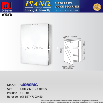 ISANO SANITARY ACCESSORIES STAINLESS STEEL MIRROR CABINET 400 X 600 X 130MM 4060MC (CL)