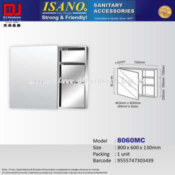 ISANO SANITARY ACCESSORIES STAINLESS STEEL MIRROR CABINET 800 X 600 X 130MM 8060MC (CL)