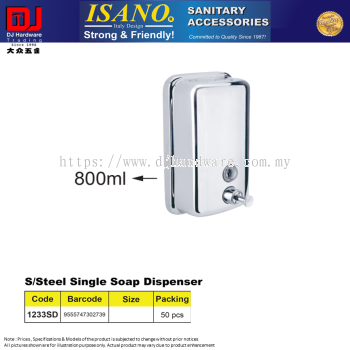 ISANO SANITARY ACCESSORIES STAINLESS STEEL SINGLE SOAP DISPENSER 800ML 1233SD (CL)