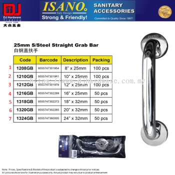 ISANO SANITARY ACCESSORIES STAINLESS STEEL STRAIGHT GRAB BAR 25MM 7 SIZE (CL)