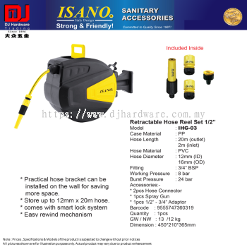 ISANO SANITARY ACCESSORIES RETRACTABLE HOSE REEL SET 1-2'' 20M PP HOSE (CL)